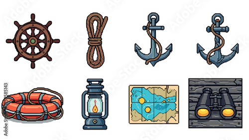 Nautical adventure icons in pixel art style: anchors, maps, and more