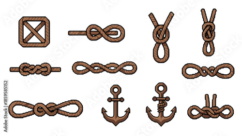 Retro pixel art of nautical knots and anchors in brown