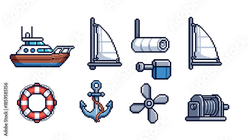 Set of nautical icons featuring boats, anchor, and lifebuoy in pixel art style