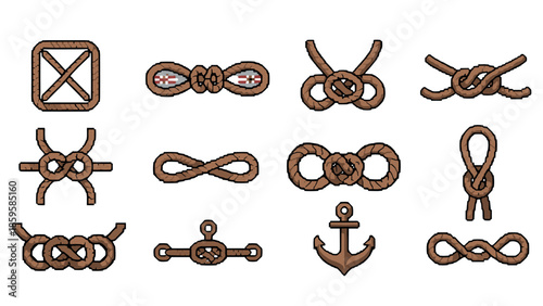 Pixel art nautical knots and anchor collection