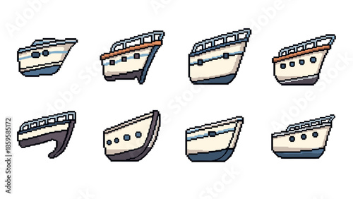 Pixel art boat icons collection: nautical front view designs