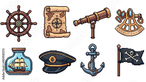 Nautical adventure icons: vintage pixel art collection featuring maritime themes