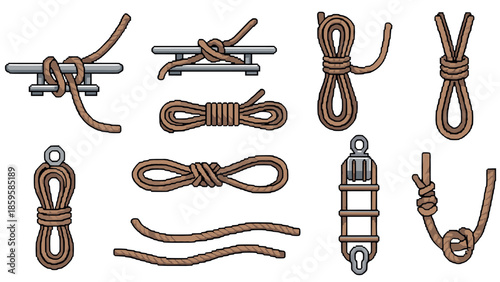 Pixel art nautical knot collection with ropes and pulleys for marine enthusiasts