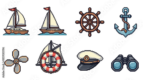 Nautical icons: sailboats, anchors, and marine equipment in retro pixel style