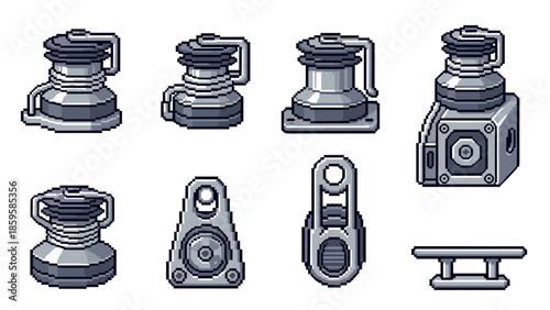 Pixel art nautical equipment set with vintage winches