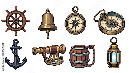 Nautical pixel art collection with compass, anchor, and telescope elements