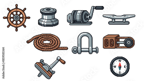 Nautical equipment in retro pixel art style: marine and sailing tools collection