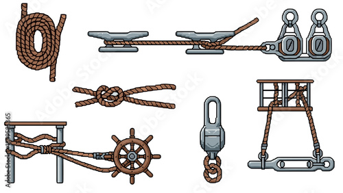 Nautical rope and marine hardware in pixel art style