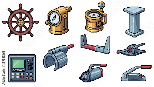 Nautical and mechanical instruments in retro pixel art style