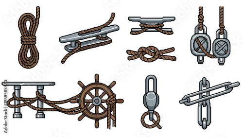 Nautical elements with rope and dock hardware in pixel art style