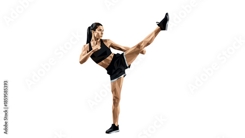 Geometric female athlete kicking pose in low poly design