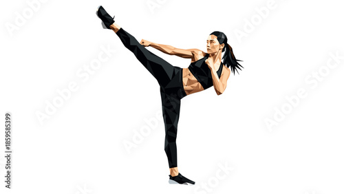Geometric female martial artist performing high kick in polygonal design