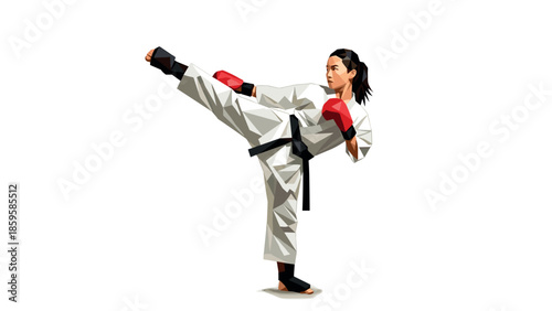 Low poly martial artist performing high kick in karate gi