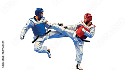 Low poly taekwondo fighters sparring in dynamic pose with protective gear
