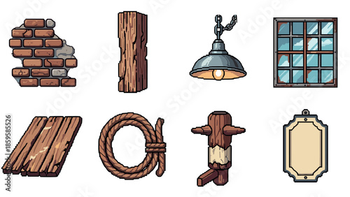 Rustic pixel art: brick, wood, rope, lamp, window, and sign elements