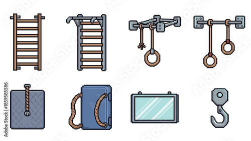 Pixel art gym equipment set: colorful fitness icons with ladder, rings, and boxing bag