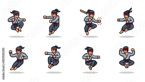 Pixel art martial arts moves with dynamic retro style characters in action