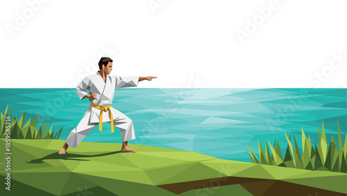 Polygonal martial artist practicing karate by the sea