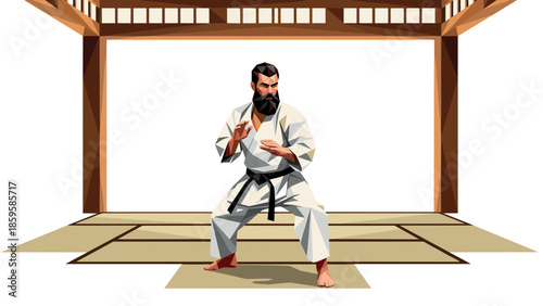 Geometric martial artist in karate stance within traditional dojo setting