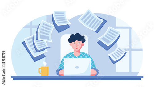 Young man seated at desk working on laptop surrounded by floating documents in a calm office environment