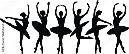 Ballet dancer silhouette set with six elegant poses in tutus for dance, movement, and performance themes.