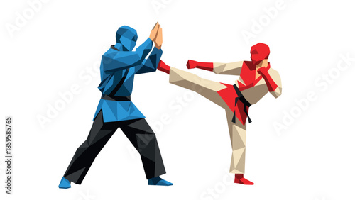 Low poly martial arts combat scene featuring karate fighters in action