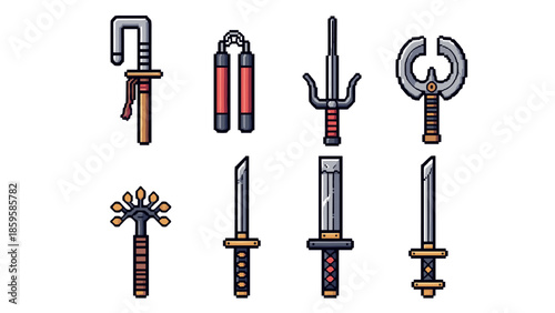 Pixel art martial arts weapons set featuring swords and tools