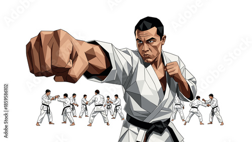 Dynamic martial arts training scene with karate fighters in geometric style