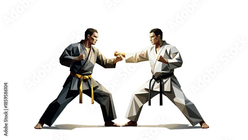 Low poly martial arts fighters in karate stance against white background