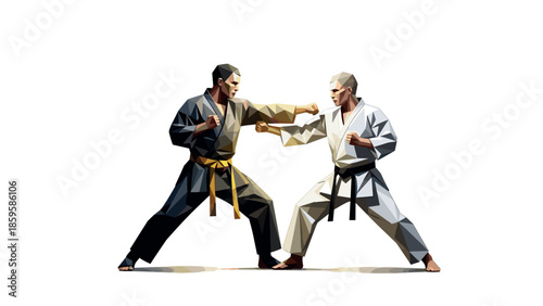 Geometric martial arts duel: polygonal karate fighters in mid-fight stance