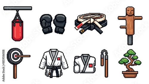 Pixel art martial arts gear and equipment set