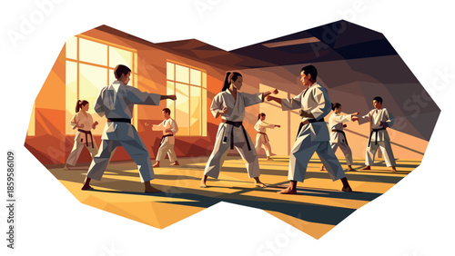Martial arts training in geometric style gym setting with karate practitioners