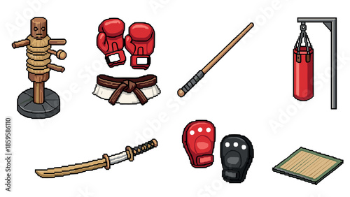 Pixel art martial arts equipment collection: gloves, weapons, and training gear