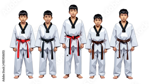Low poly martial arts boys in taekwondo uniforms with black, red, and brown belts