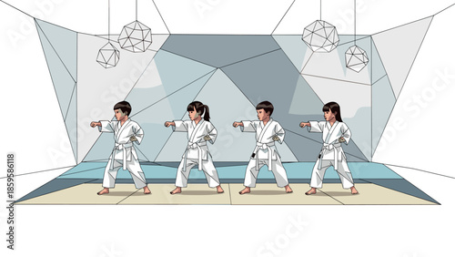 Kids practicing karate in modern geometric room