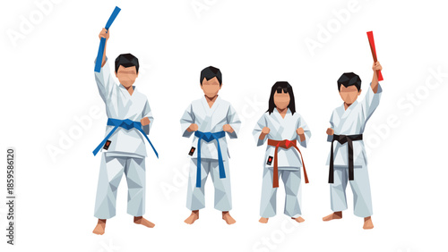 Low poly kids in karate uniforms displaying belts with enthusiasm