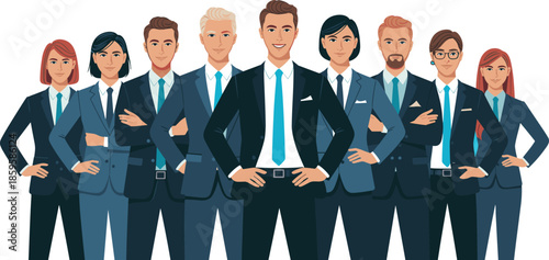 Business team illustration with ten diverse professionals in formal attire for corporate, leadership, and workplace themes.