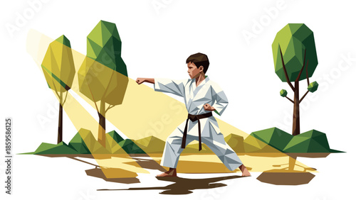 Low poly karate practice in nature with sunlight and trees
