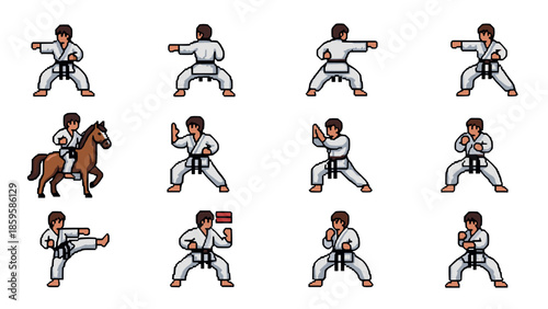 Retro pixel art karate moves and horse animation sprite sheet