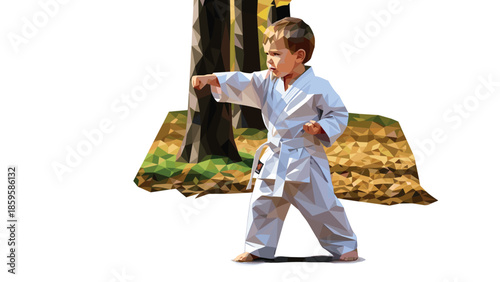 Geometric art of young boy practicing karate in autumn forest