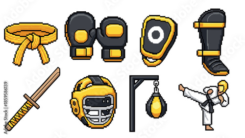 Pixel art martial arts equipment set featuring karate, boxing, and judo gear