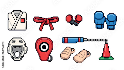 Pixel art martial arts gear: gloves, gi, jump rope, and more