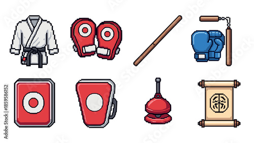 Pixel art martial arts equipment collection including gloves and training gear