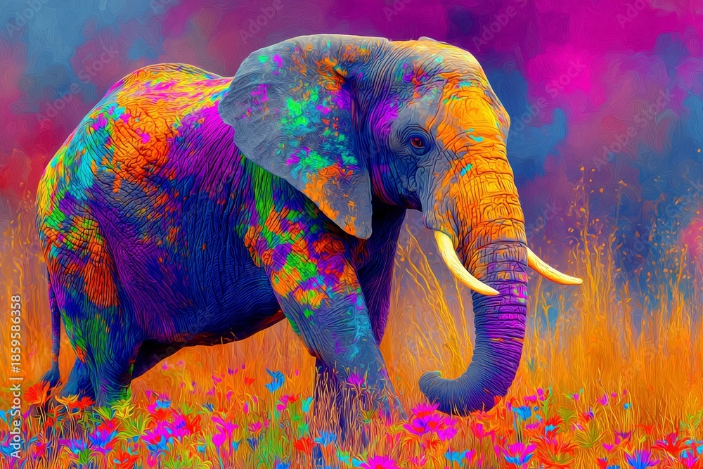 Obraz premium Colorful African Elephant Walking Through Summer Savanna Grass Surrounded by Flowers in High Resolution