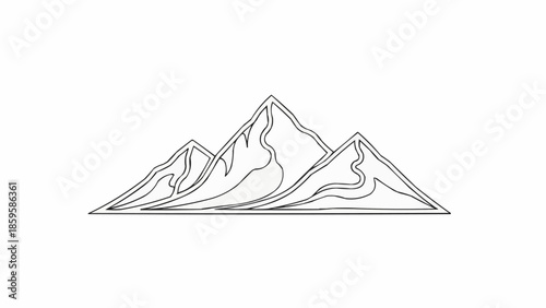 Outline drawing of majestic mountain peaks with snow and ridges.