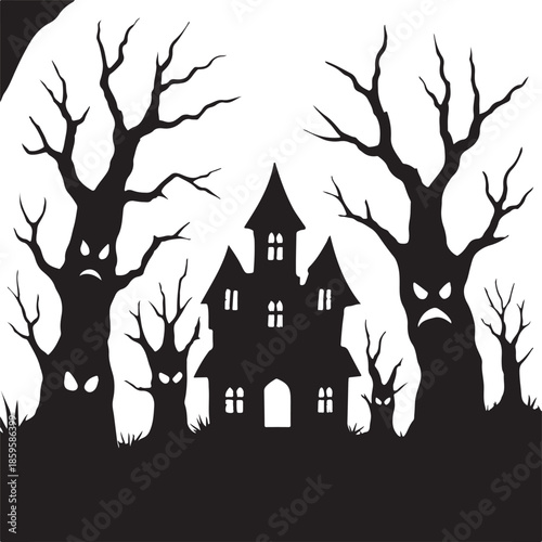 Halloween haunted house and scary trees silhouette