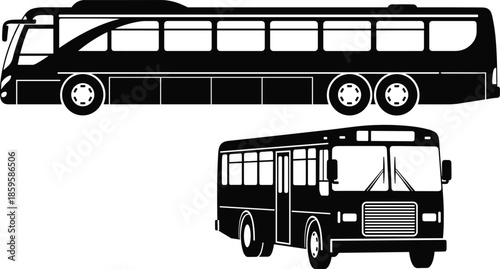 Coach and city bus silhouette set showing two vehicle types for transportation, travel, and urban commuting themes.