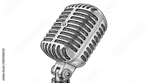 Vintage microphone on stand in black and white illustration