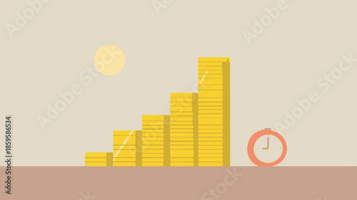 Stack of Coins Forming Staircase with Clock and Sunlight
