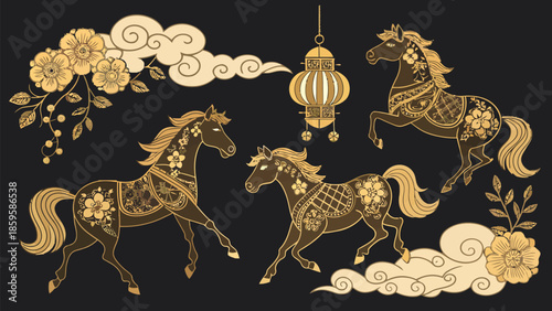 Elegant golden horses with floral patterns on black background